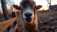 Close-up portrait of a curious brown goat with white facial markings looking directly at camera during sunset on a rural farm.
