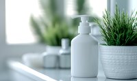 White pump bottle with green plants in ceramic pots on bathroom counter, minimalist spa composition with soft natural lighting and blurred background.