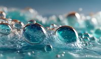 Close-up macro shot of crystal clear water droplets with turquoise blue reflections creating abstract liquid patterns on wet surface for spa wellness concepts.