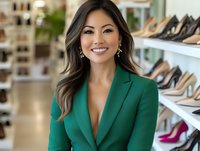 Asian woman in emerald green blazer smiling confidently in luxury shoe store. Professional business portrait with blurred footwear display background shows success and style.
