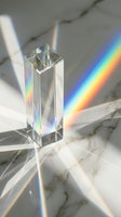 Crystal prism refracting sunlight into rainbow spectrum on marble surface, creating colorful light dispersion for optics and physics education.