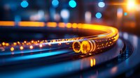 Glowing fiber optic cable curves through dark background with blue bokeh lights, showcasing modern telecommunications and data transfer technology.