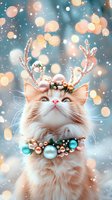 Festive cat wearing glitter reindeer antlers and ornament collar against snowy bokeh background with falling snowflakes and warm holiday lights.