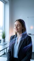 Young professional businesswoman with closed eyes surrounded by flowing purple energy waves in modern office environment for wellness and mindfulness concepts.