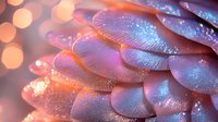 Delicate translucent petals with water droplets in pink and blue tones, illuminated by soft bokeh lights creating dreamy macro photography effect.