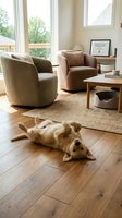 Cozy living room interior with playful golden retriever dog lying on hardwood floor, modern swivel chairs, natural lighting from large windows.