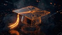 Glowing graduation cap with flowing golden light trails on dark background, symbolizing education, achievement, and digital learning technology.