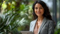 Young Asian businesswoman holding laptop smiles confidently in modern office setting with lush green plants, wearing grey blazer and blush top, natural lighting creates professional ambiance.