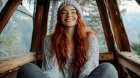 Young woman with long red hair wearing knit beanie and sweater smiles genuinely while relaxing in rustic wooden cabin window seat during autumn season.