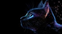 Mystical black cat profile with glowing blue eyes and cosmic sparkles against dark background, creating magical galaxy effect in fur and whiskers.
