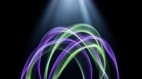 Glowing purple and green light trails forming an arch on a dark background with a bright beam above, creating a futuristic energy effect.