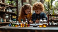 Young Caucasian boy with curly red hair and girl with long hair doing chemistry experiment with colorful liquids in glass tubes at educational science class.