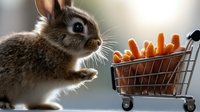Cute bunny rabbit looking at shopping cart filled with fresh orange carrots, side view portrait against blurred background, humorous concept.
