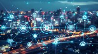 Glowing network connections and user icons over blurred urban cityscape with traffic lights at night, representing digital transformation and smart city technology.