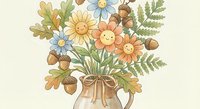 Autumn floral bouquet with acorns, oak leaves and daisies in rustic vase on cream background for seasonal greeting cards and fall decorations.