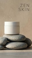 Minimalist skincare product display featuring white cream jar on stacked smooth stones against neutral beige background, conveying spa wellness and natural beauty routine aesthetics.