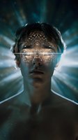 Futuristic portrait with glowing geometric pattern across eyes against dark background with radiating light beams creating sci-fi atmosphere.