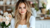 Young woman with long blonde hair and fair complexion wearing white top, posing with fresh peach roses for beauty, lifestyle, and portrait use.