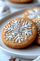 Festive sugar cookie decorated with white royal icing snowflake pattern and silver pearl sprinkles on white plate, macro food photography for winter holidays.
