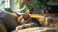 Sleepy calico cat lounging on gray couch in sunlight, showing relaxed pose with closed eyes and stretched paws against soft fabric texture.