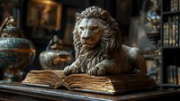 Majestic stone lion sculpture resting on antique open book in moody library setting with vintage glass vessels and mysterious atmospheric lighting.