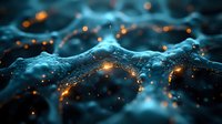 Glowing orange particles float over abstract turquoise waves creating mysterious underwater landscape with bokeh light effects and dark background. Suitable for tech designs.