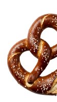 Freshly baked pretzel with coarse salt crystals on white background, isolated for bakery, food packaging, and culinary design projects.