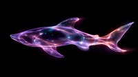Luminous shark silhouette with cosmic nebula effect in purple and pink hues against black background, glowing ethereal marine predator artwork for creative projects.