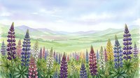 Watercolor lupine field with purple, pink, yellow, and blue blooms against rolling green hills and soft mountain landscape background.