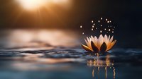 Glowing water lily floating on dark water surface with magical sparkles rising at sunset, creating mystical reflection and tranquil atmosphere.