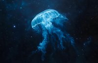 Luminous blue jellyfish floating in deep space, with glowing tendrils trailing against starry cosmic background.