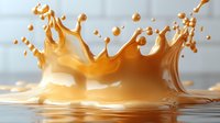 Dynamic orange liquid splash creating crown-like formation with droplets frozen in motion against soft blurred background for beverage advertising.