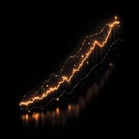 Glowing golden financial chart showing upward trend with digital data visualization on black background.