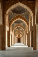 Ornate mosque corridor with repeating arches and decorated domes, featuring traditional Islamic architecture and geometric patterns in soft beige tones and natural light.