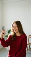 Happy young Caucasian woman in red sweater taking selfie with smartphone at home, smiling and laughing during video call in modern living room interior.
