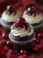 Chocolate cupcakes with cream cheese frosting topped with maraschino cherries and red velvet crumbs for bakery dessert menu and holiday celebrations.