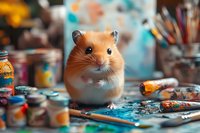 Curious golden hamster sitting among art supplies and paint jars in creative workspace, with soft bokeh background and artistic atmosphere, selective focus on cute pet.