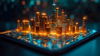 Glowing futuristic cityscape model on digital tablet with orange and blue light effects, skyscrapers and urban architecture creating miniature metropolis display.