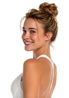 Young Caucasian woman with messy bun hairstyle wearing white tank top, smiling and looking over shoulder against white background, natural makeup and glowing skin.