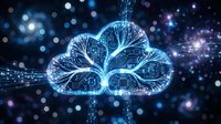 Digital cloud network with glowing circuit pathways and data streams, representing cloud computing, cybersecurity, and technology infrastructure for business solutions.