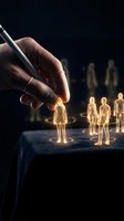 Hand holding stylus selecting glowing human figure among group of illuminated people on dark surface, representing recruitment, talent selection, leadership choice, and business hiring decisions.