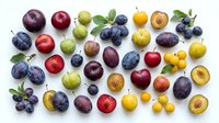 Fresh assorted stone fruits and berries arranged on white background, including plums, apricots, cherries and nectarines, isolated for culinary, food styling and design projects.