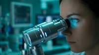 Young woman of mixed ethnicity, scientist or researcher, looking through microscope with glowing blue light reflecting in her eye, wearing professional laboratory attire in high-tech facility setting.