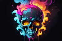 Artistic skull with glowing eyes surrounded by vibrant neon smoke effects in blue, pink, and orange colors against dark background, dripping paint style illustration.