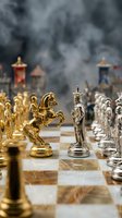 Luxury chess set with golden and silver pieces on marble board, knight and king in focus, strategic game concept for business and competition themes.