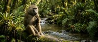 Olive baboon sitting on moss-covered rocks beside a flowing stream in lush tropical forest habitat, surrounded by dense green vegetation and ferns.