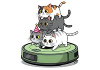 Playful cartoon cats stacked on robotic vacuum cleaner with party hat. Isolated clipart suitable for t-shirts, children's designs, greeting cards, and pet-themed merchandise.