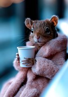 Adorable mouse wrapped in soft pink blanket holding tiny white coffee cup, close-up portrait with bokeh background, whimsical concept for social media and greeting cards.