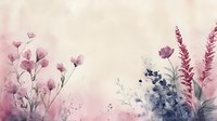 Delicate watercolor floral composition in pink and navy blue tones featuring wild flowers, meadow plants and abstract splashes on soft beige background.
