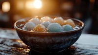 Glowing spherical ice cubes in rustic ceramic bowl with soft ambient lighting and bokeh effect create atmospheric mood for beverage and cocktail photography.